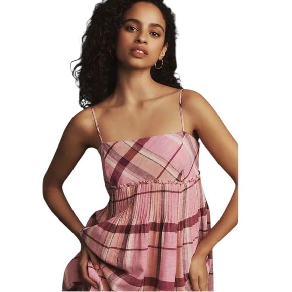 Anthropologie Maeve Linen Pleated-Waist Hanky-Hem Midi Dress linen large - Picture 4 of 13